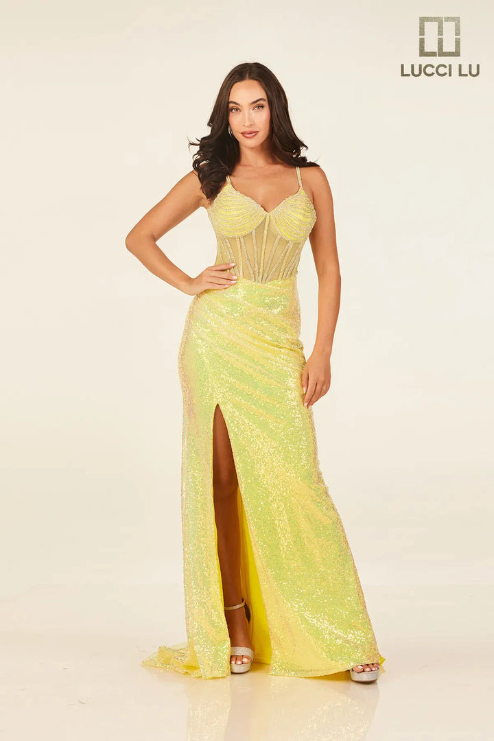 Sequin Fitted V-Neck Slit Gown by Lucci Lu 1388