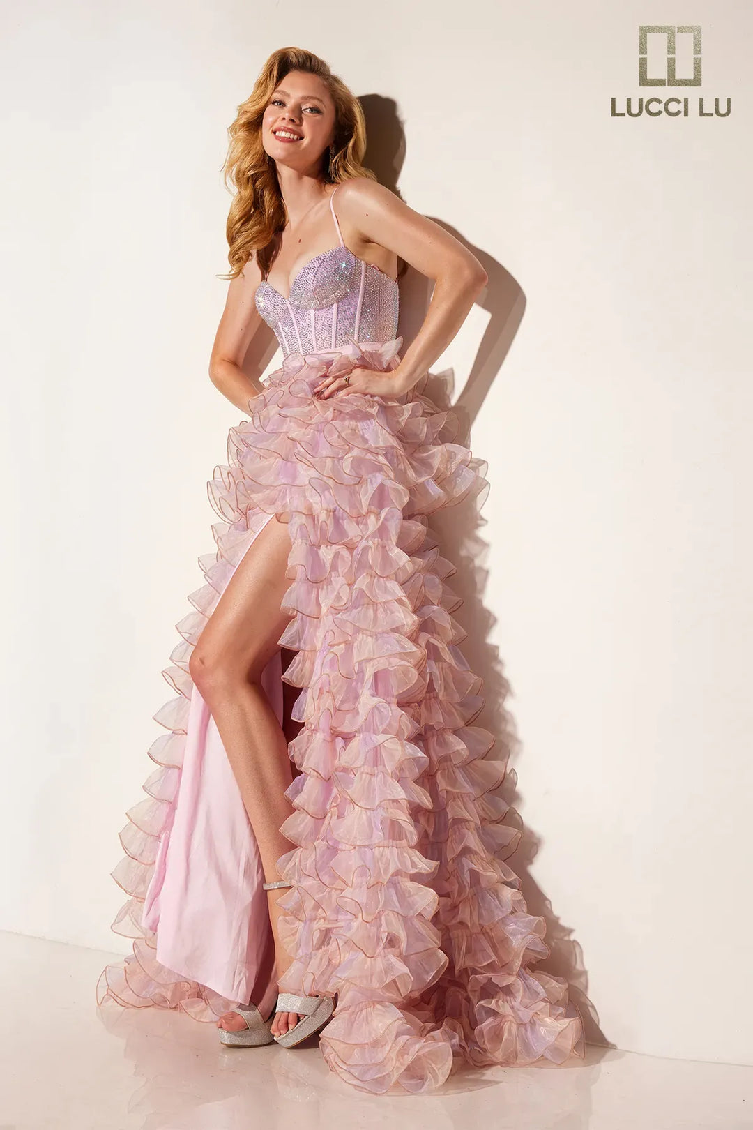 Organza Sleeveless Ruffled Slit Gown by Lucci Lu 1400