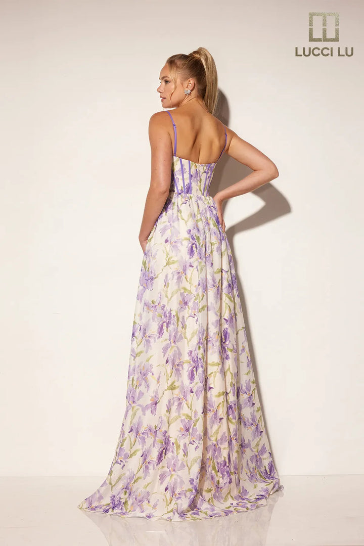 Print Sleeveless A-line Slit Gown by Lucci Lu 1402