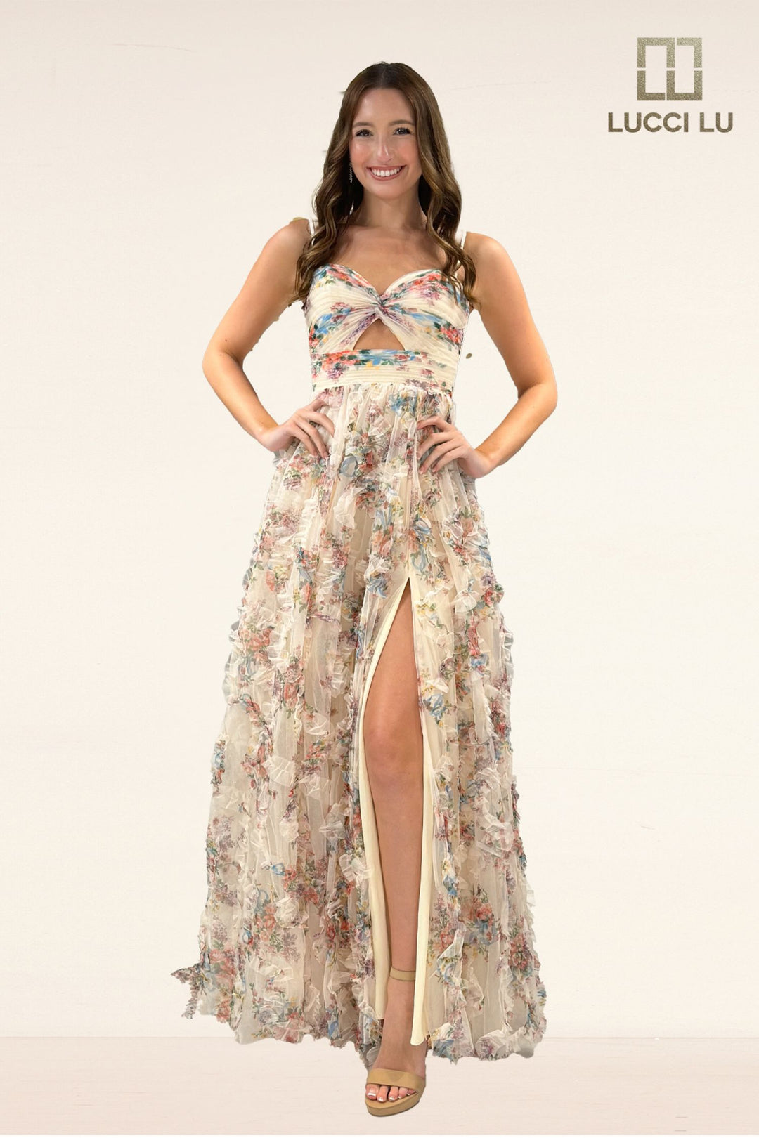 Print Sleeveless Ruffled Slit Gown by Lucci Lu 1404