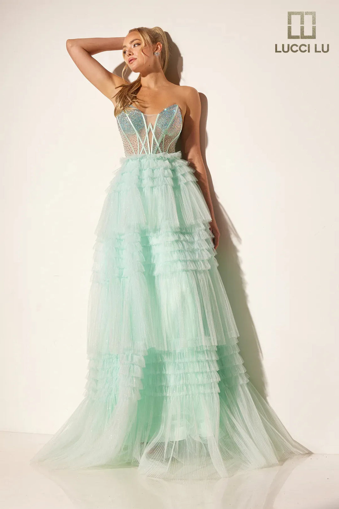 Glitter Strapless A-line Tiered Gown by Lucci Lu 1408