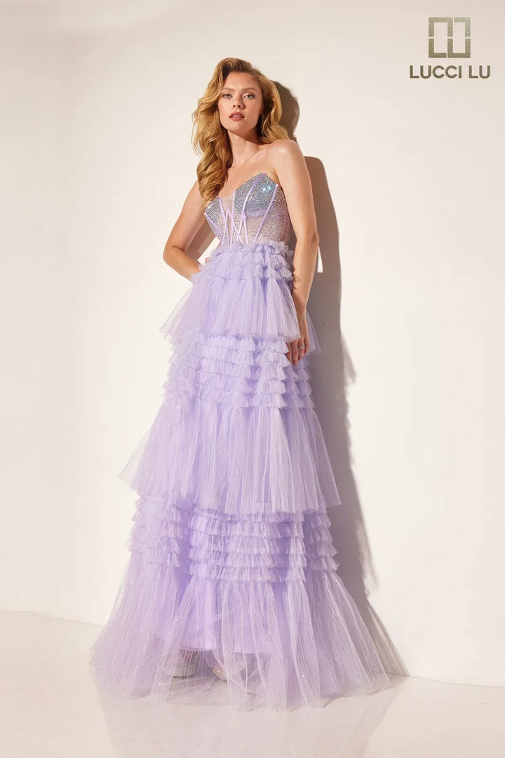 Glitter Strapless A-line Tiered Gown by Lucci Lu 1408