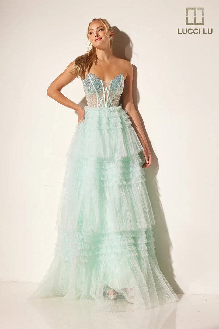 Glitter Strapless A-line Tiered Gown by Lucci Lu 1408