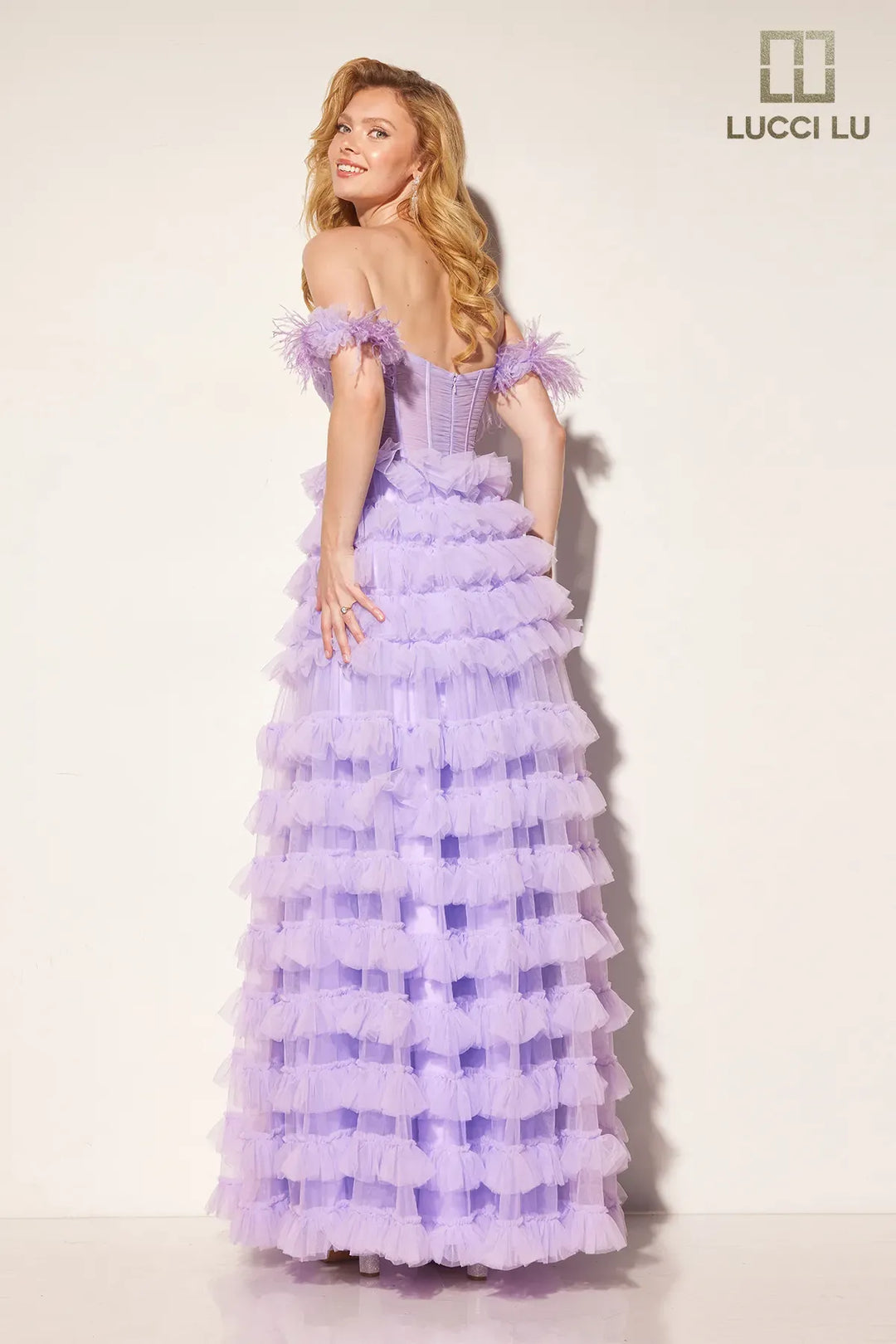 Feather Off Shoulder Tiered Gown by Lucci Lu 1410