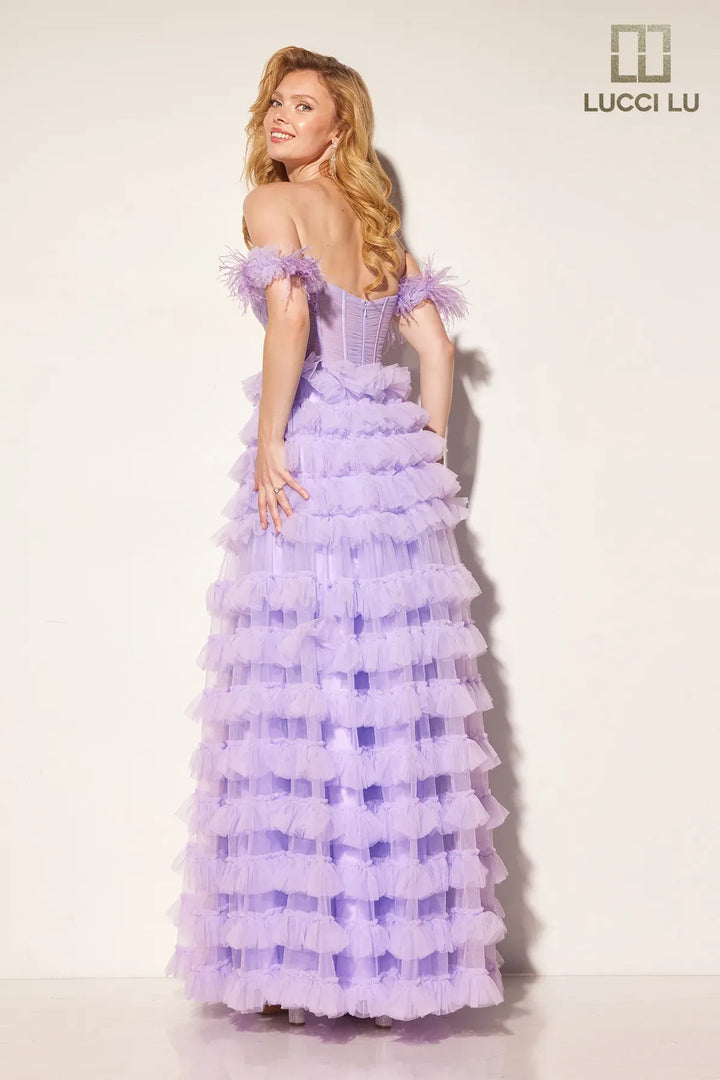 Feather Off Shoulder Tiered Gown by Lucci Lu 1410