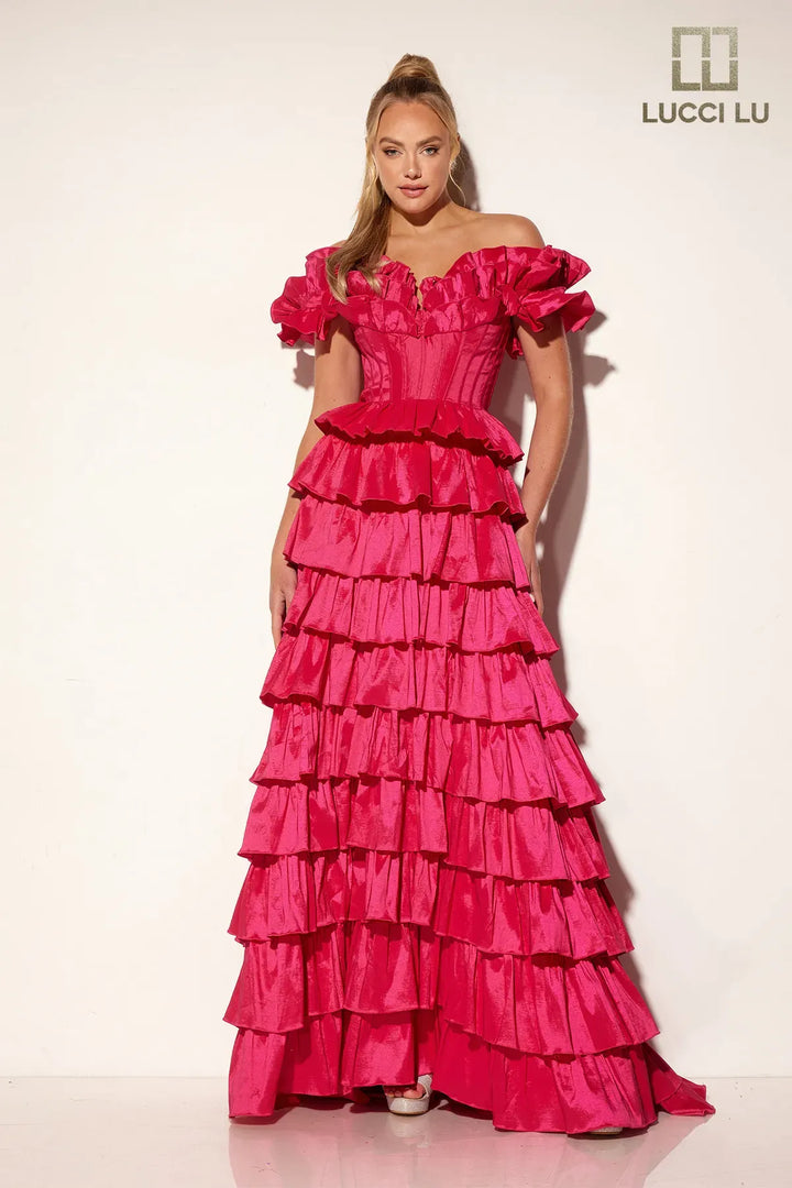 Taffeta Off Shoulder Tiered Gown by Lucci Lu 1431