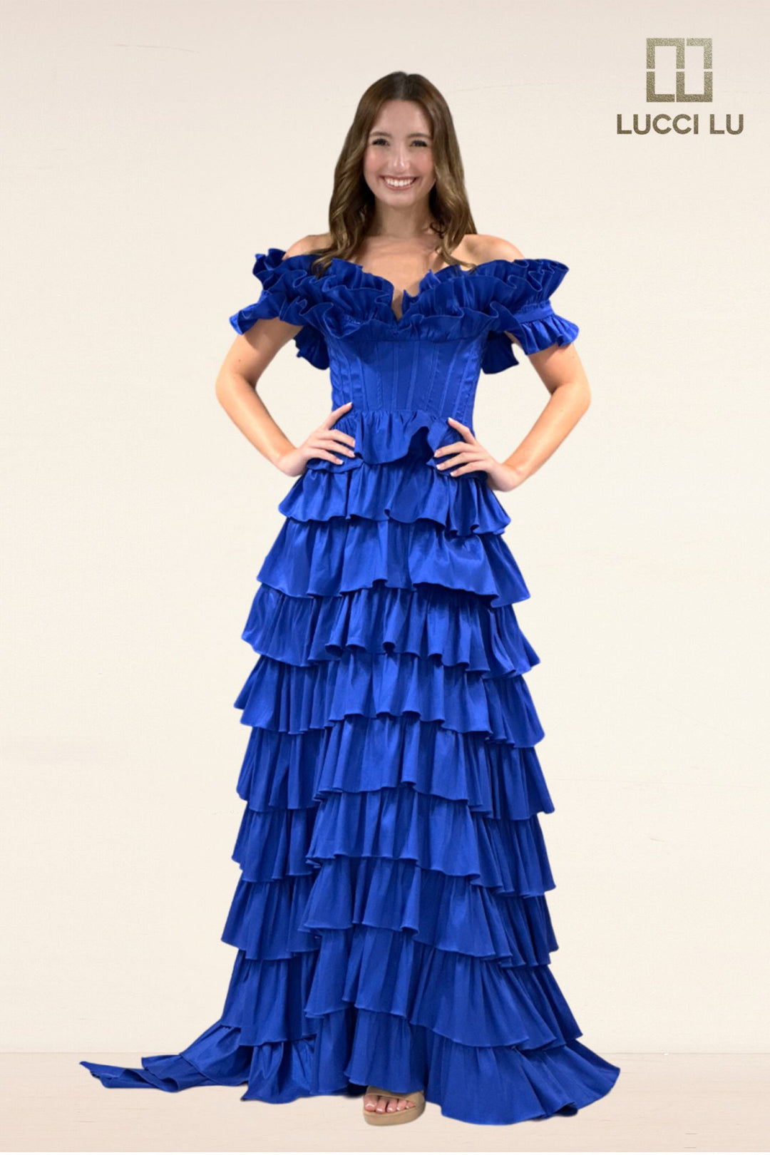 Taffeta Off Shoulder Tiered Gown by Lucci Lu 1431