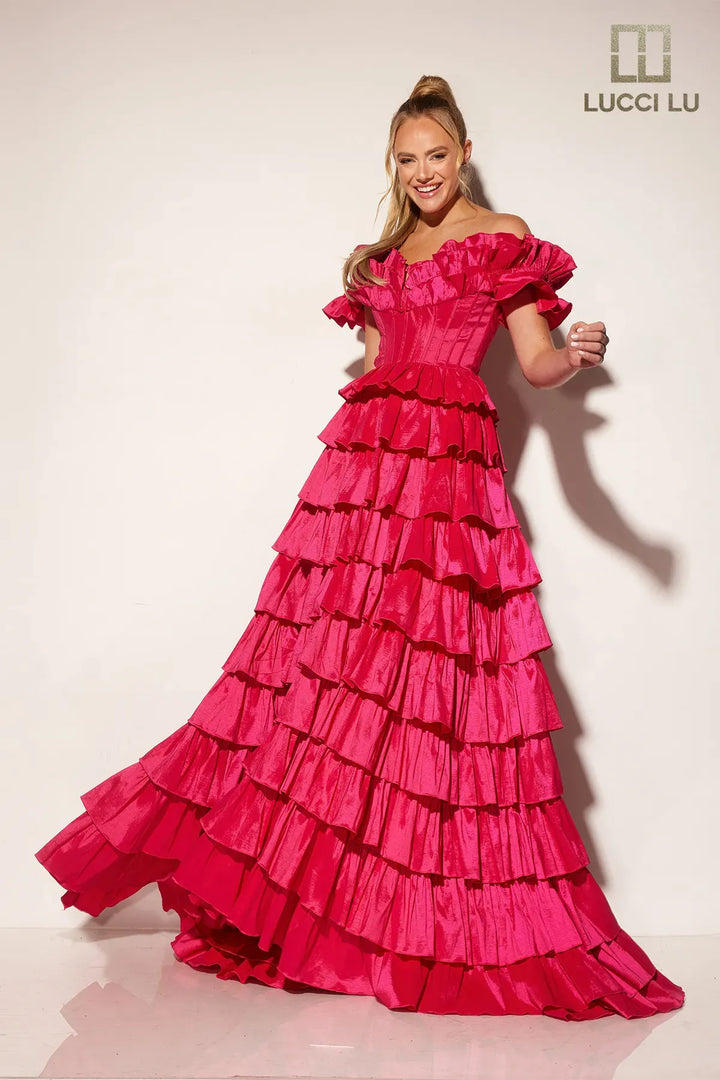 Taffeta Off Shoulder Tiered Gown by Lucci Lu 1431