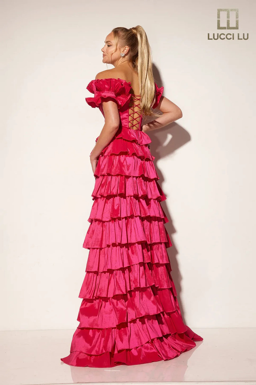 Taffeta Off Shoulder Tiered Gown by Lucci Lu 1431