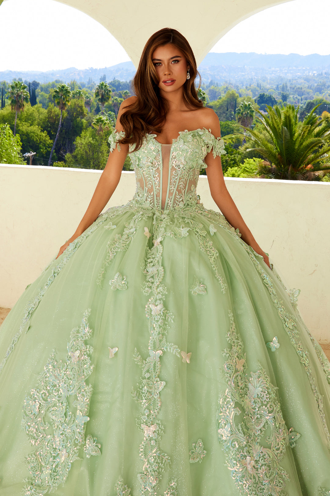 3D Butterfly Off Shoulder Ball Gown by Juliet JT1485J