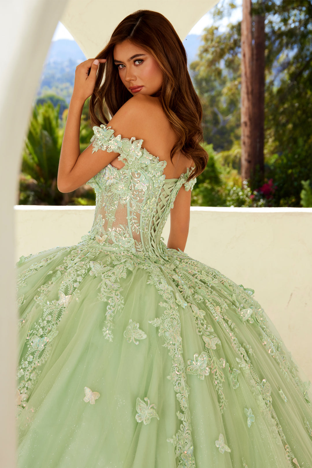 3D Butterfly Off Shoulder Ball Gown by Juliet JT1485J