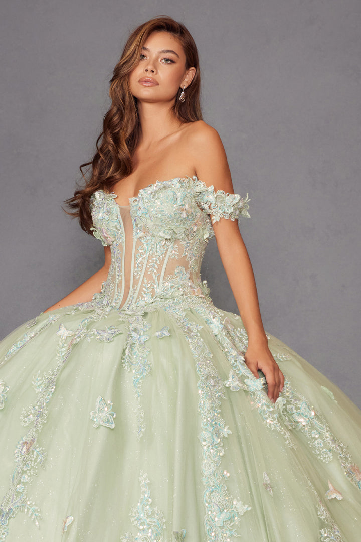 3D Butterfly Off Shoulder Ball Gown by Juliet JT1485J