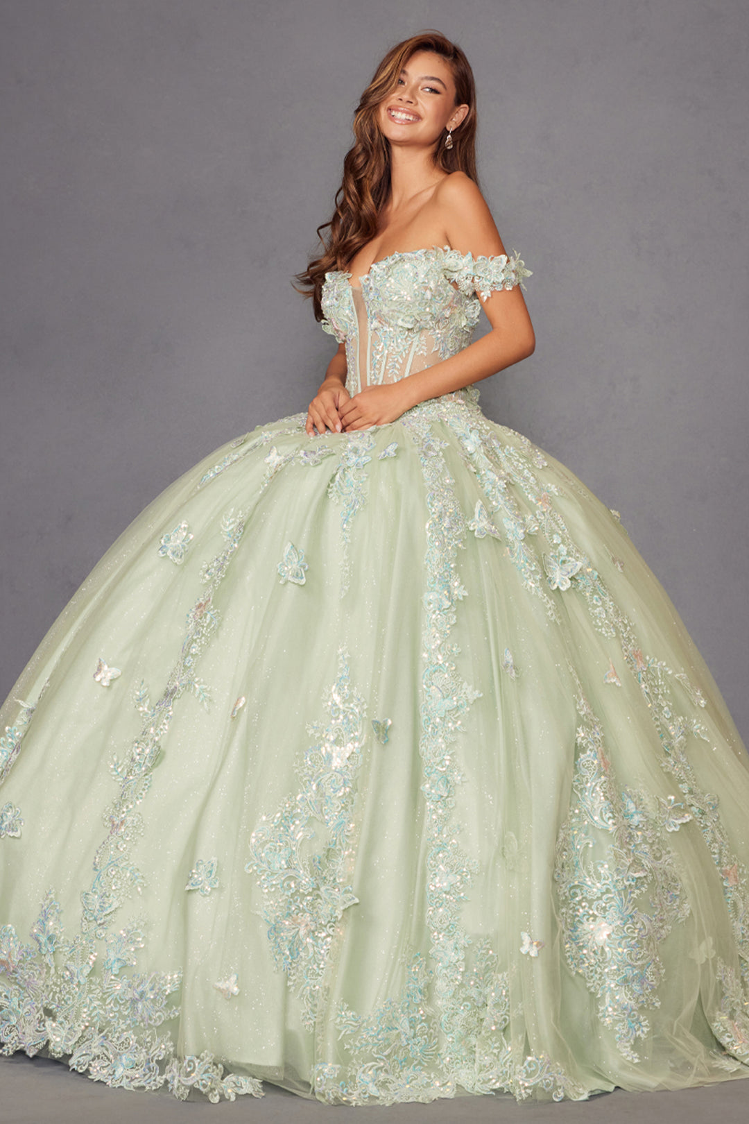 3D Butterfly Off Shoulder Ball Gown by Juliet JT1485J