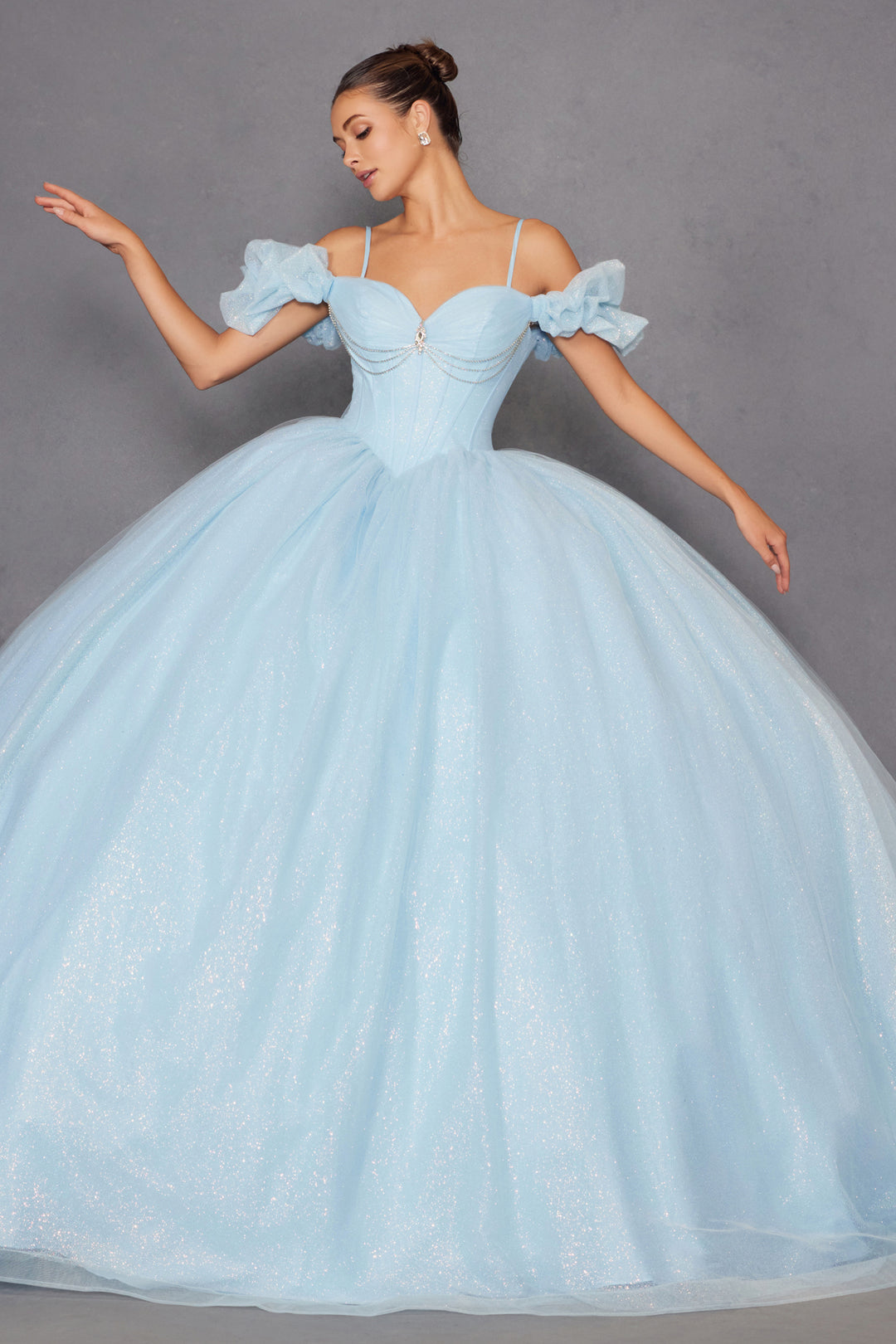 Glitter Tulle Off Shoulder Ball Gown by Juliet JT1487H