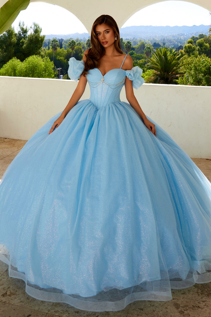 Glitter Tulle Off Shoulder Ball Gown by Juliet JT1487H