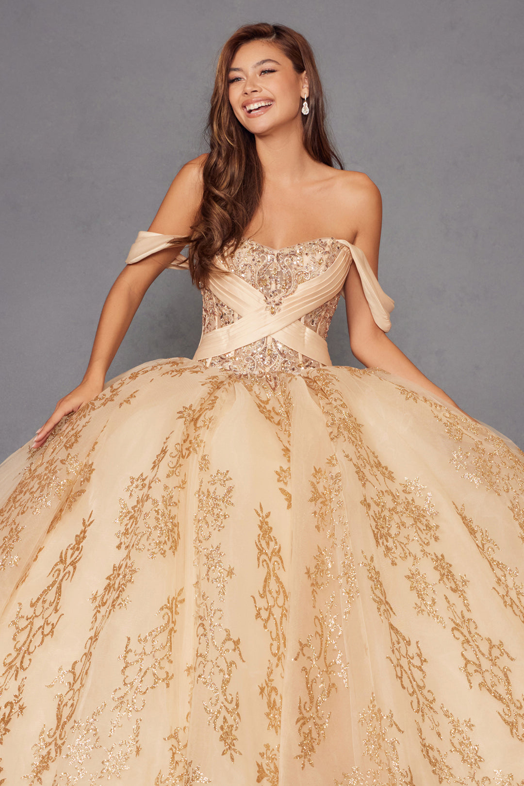 Glitter Print Off Shoulder Ball Gown by Juliet JT1488H