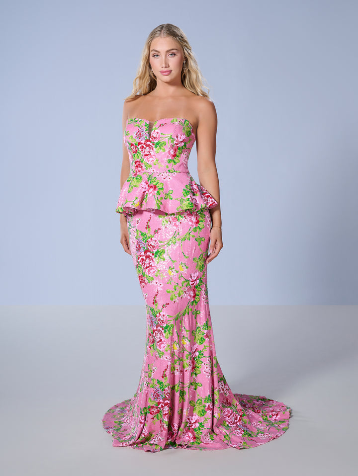 Floral Print 2-Piece Strapless Gown by Tiffany Designs 16140