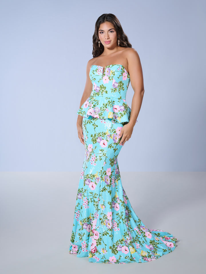 Floral Print 2-Piece Strapless Gown by Tiffany Designs 16140