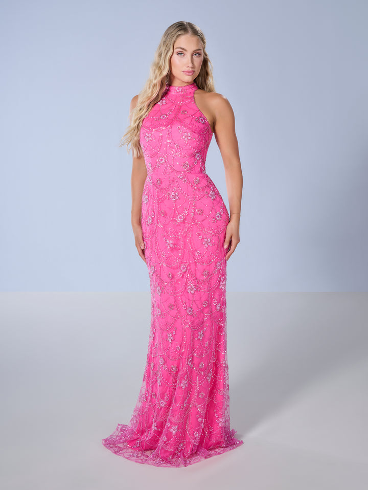 Beaded Fitted Halter Gown by Tiffany Designs 16147