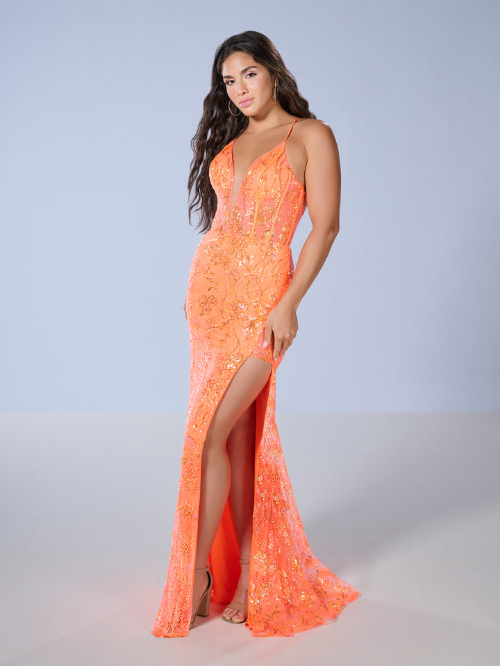 Sequin Print Sleeveless Slit Gown by Tiffany Designs 16166