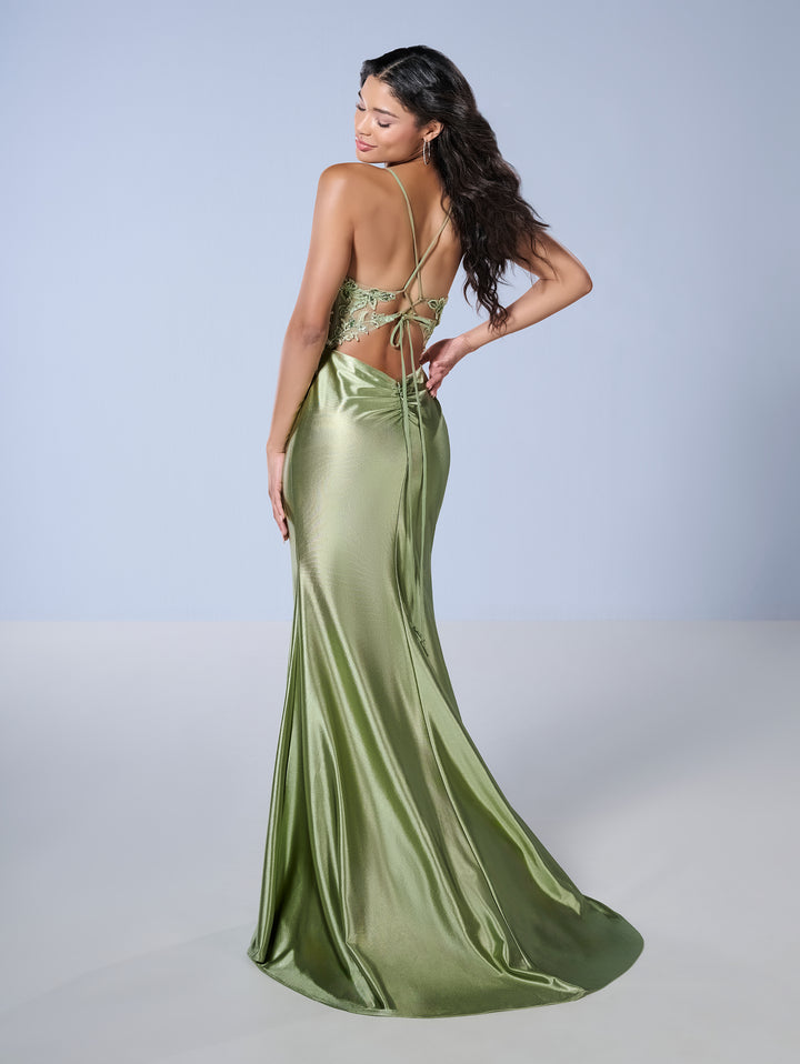 Applique Fitted Halter Slit Gown by Tiffany Designs 16171