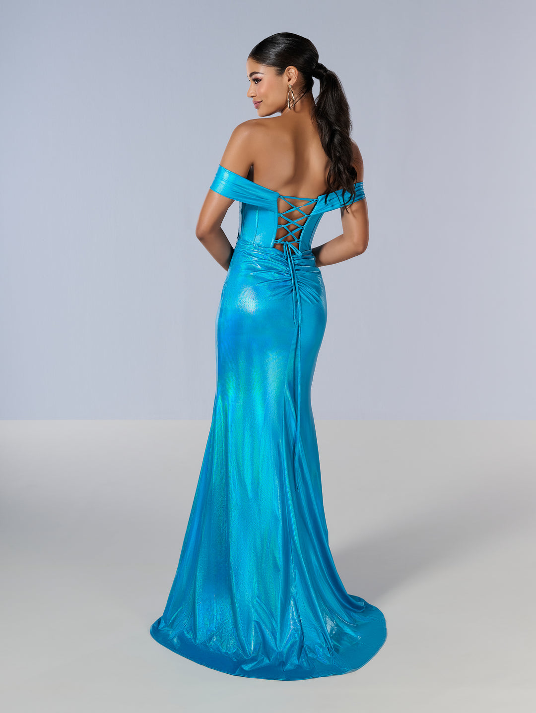 Metallic Off Shoulder Slit Gown by Tiffany Designs 16186