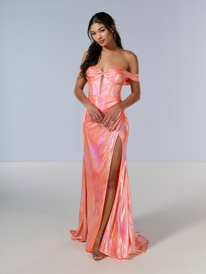 Metallic Off Shoulder Slit Gown by Tiffany Designs 16186