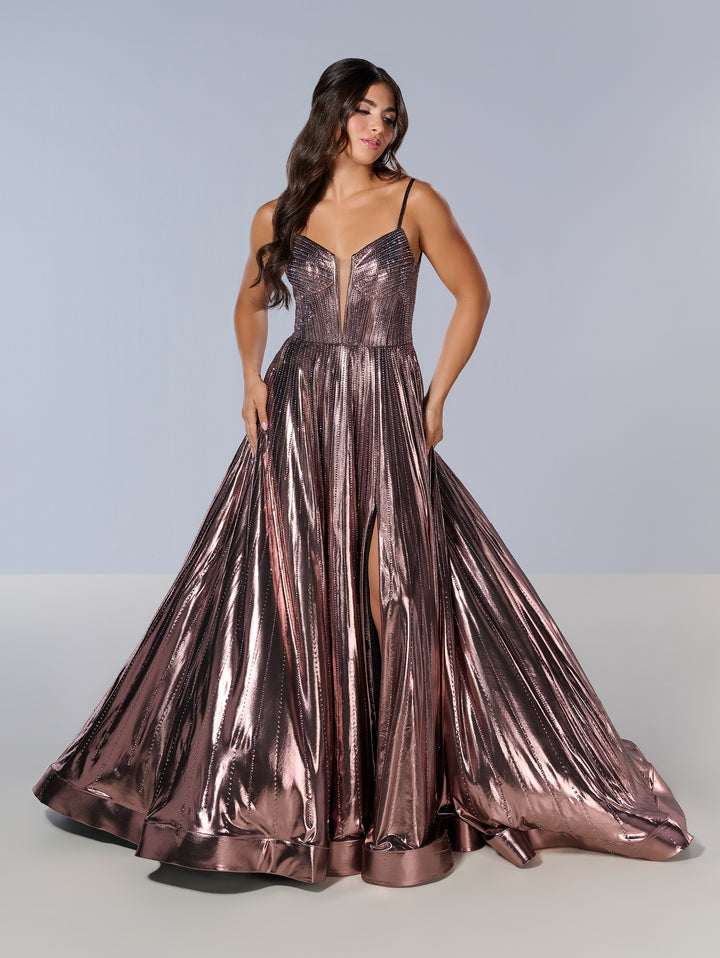 Metallic Sleeveless A-line Slit Gown by Tiffany Designs 16189