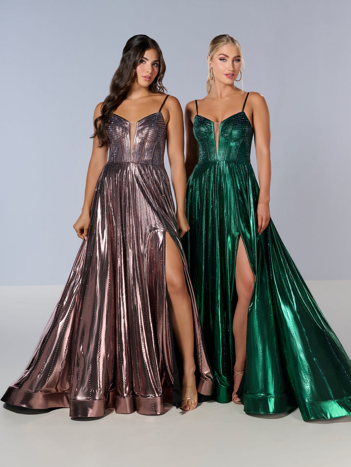 Metallic Sleeveless A-line Slit Gown by Tiffany Designs 16189