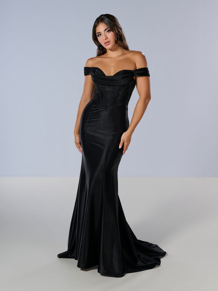 Fitted Off Shoulder Corset Gown by Tiffany Designs 16193