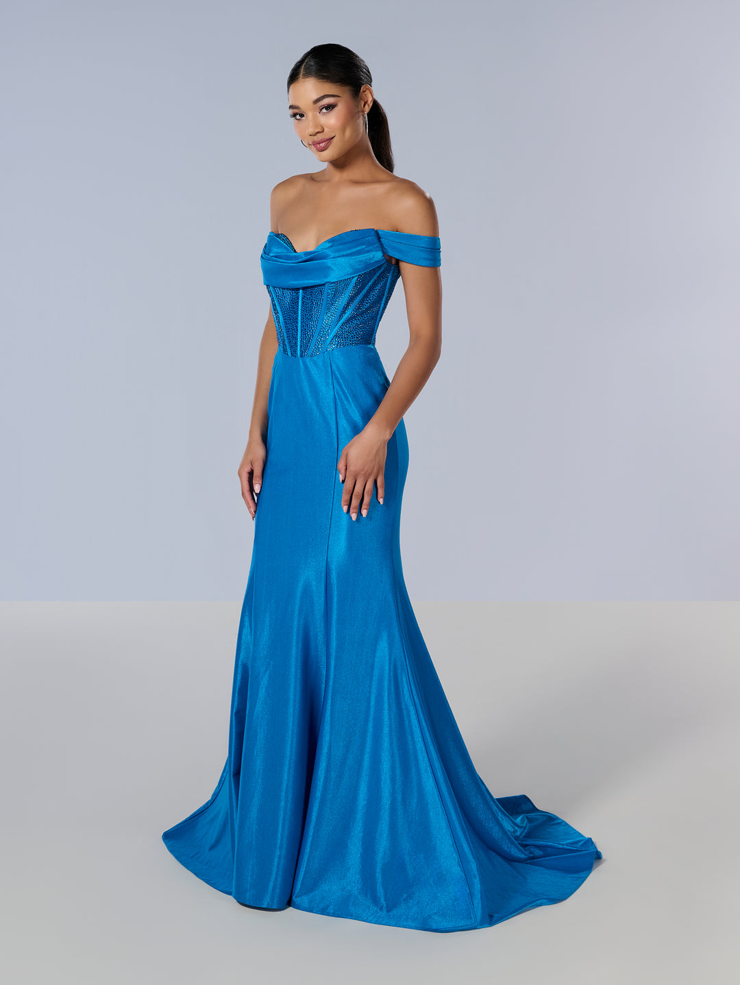 Fitted Off Shoulder Corset Gown by Tiffany Designs 16193