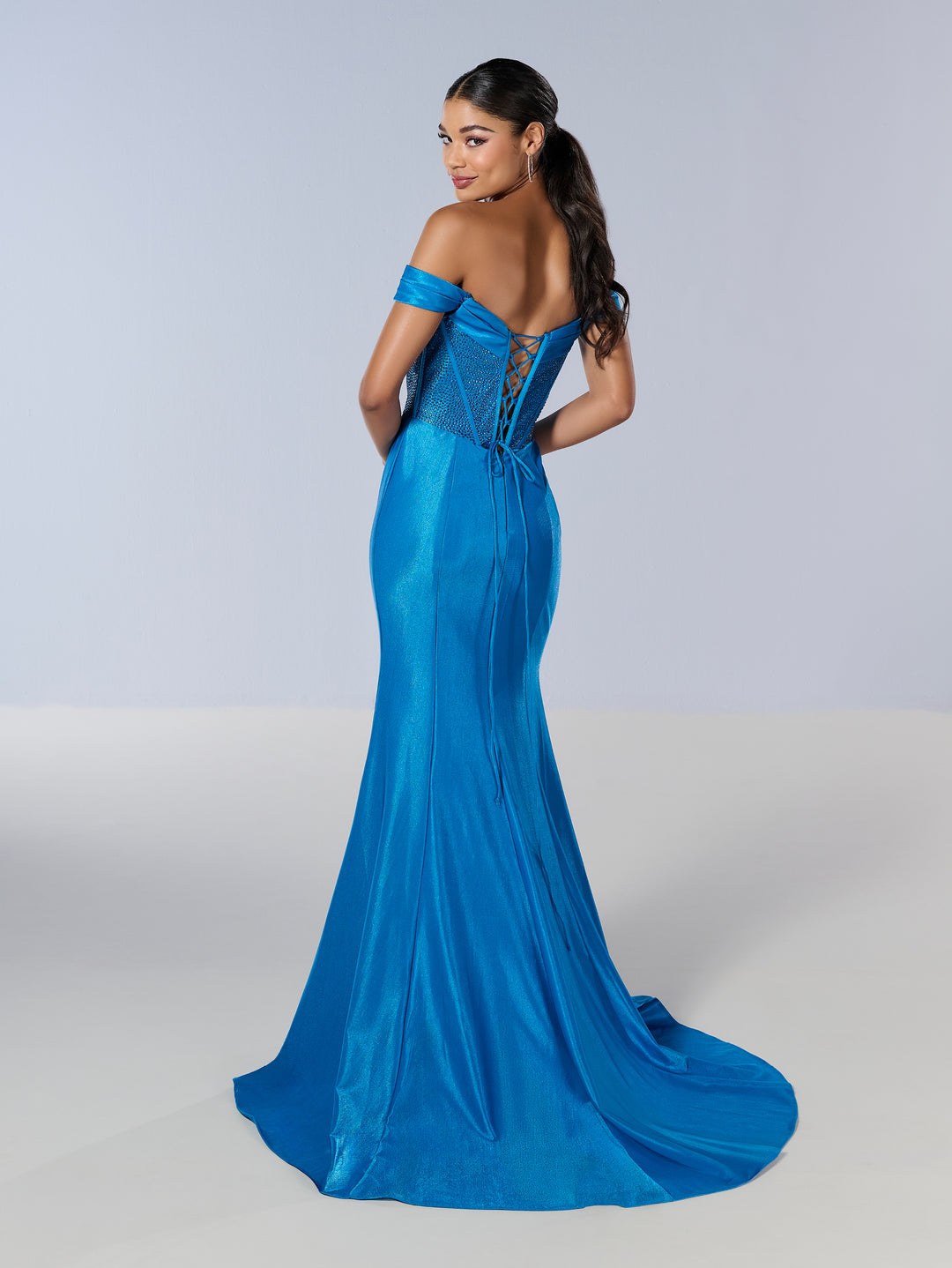 Fitted Off Shoulder Corset Gown by Tiffany Designs 16193