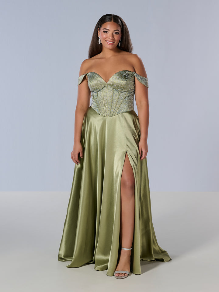 Curvy Beaded Off Shoulder Gown by Tiffany Designs 16204