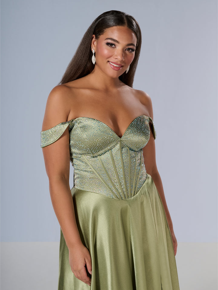 Curvy Beaded Off Shoulder Gown by Tiffany Designs 16204