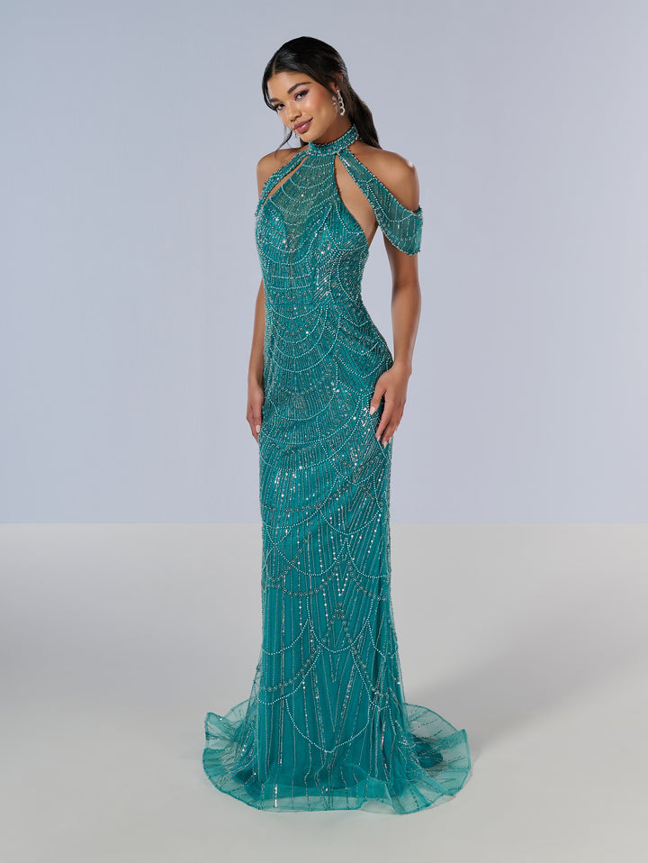 Beaded Fitted Cold Shoulder Gown by Tiffany Designs 16207