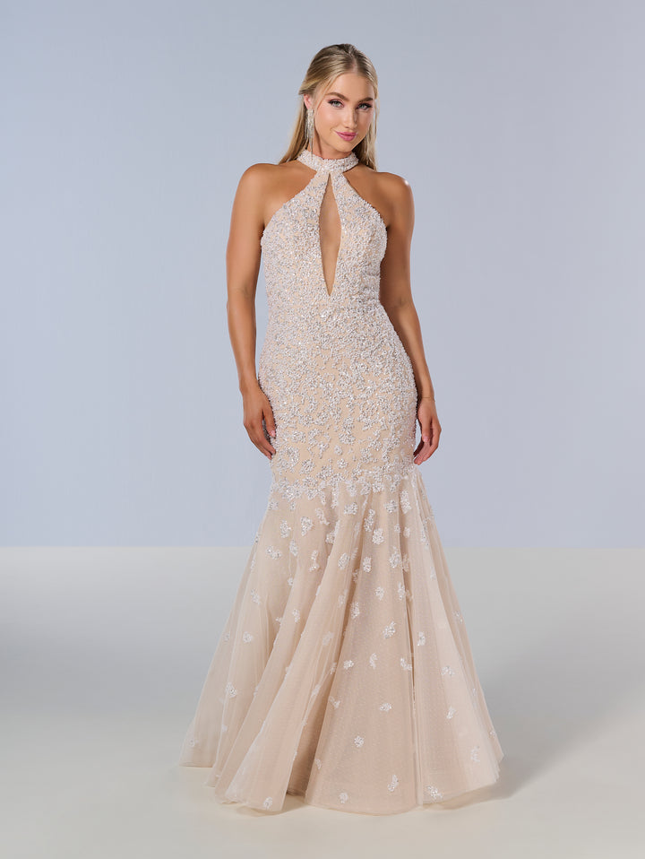 Beaded Halter Mermaid Dress by Tiffany Designs 16210