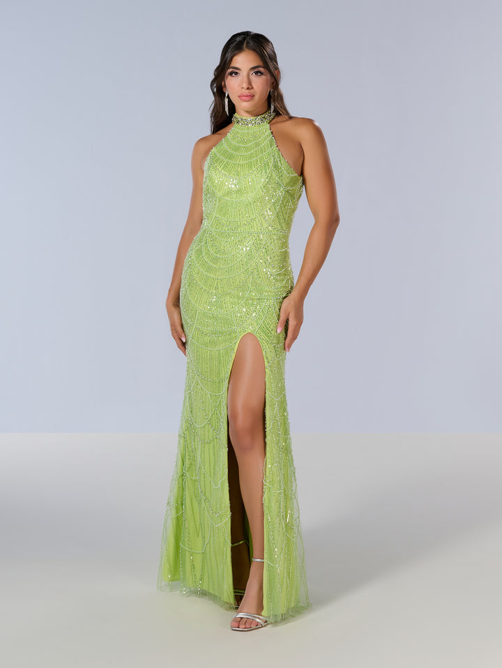 Beaded Fitted Halter Slit Gown by Tiffany Designs 16215