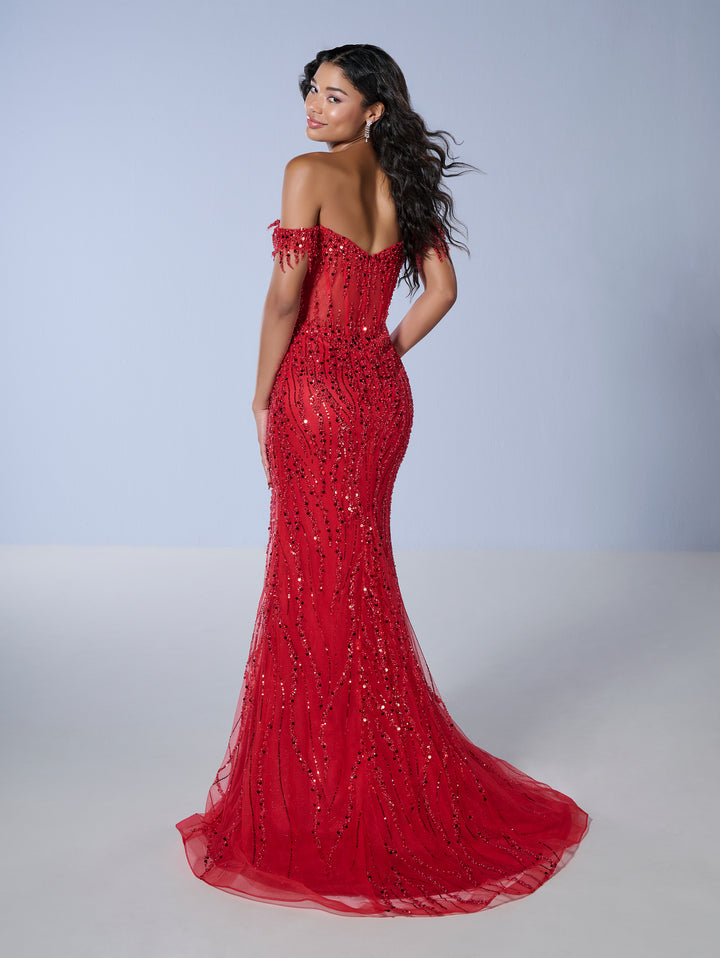 Sequin Fitted Off Shoulder Slit Gown by Tiffany Designs 16233