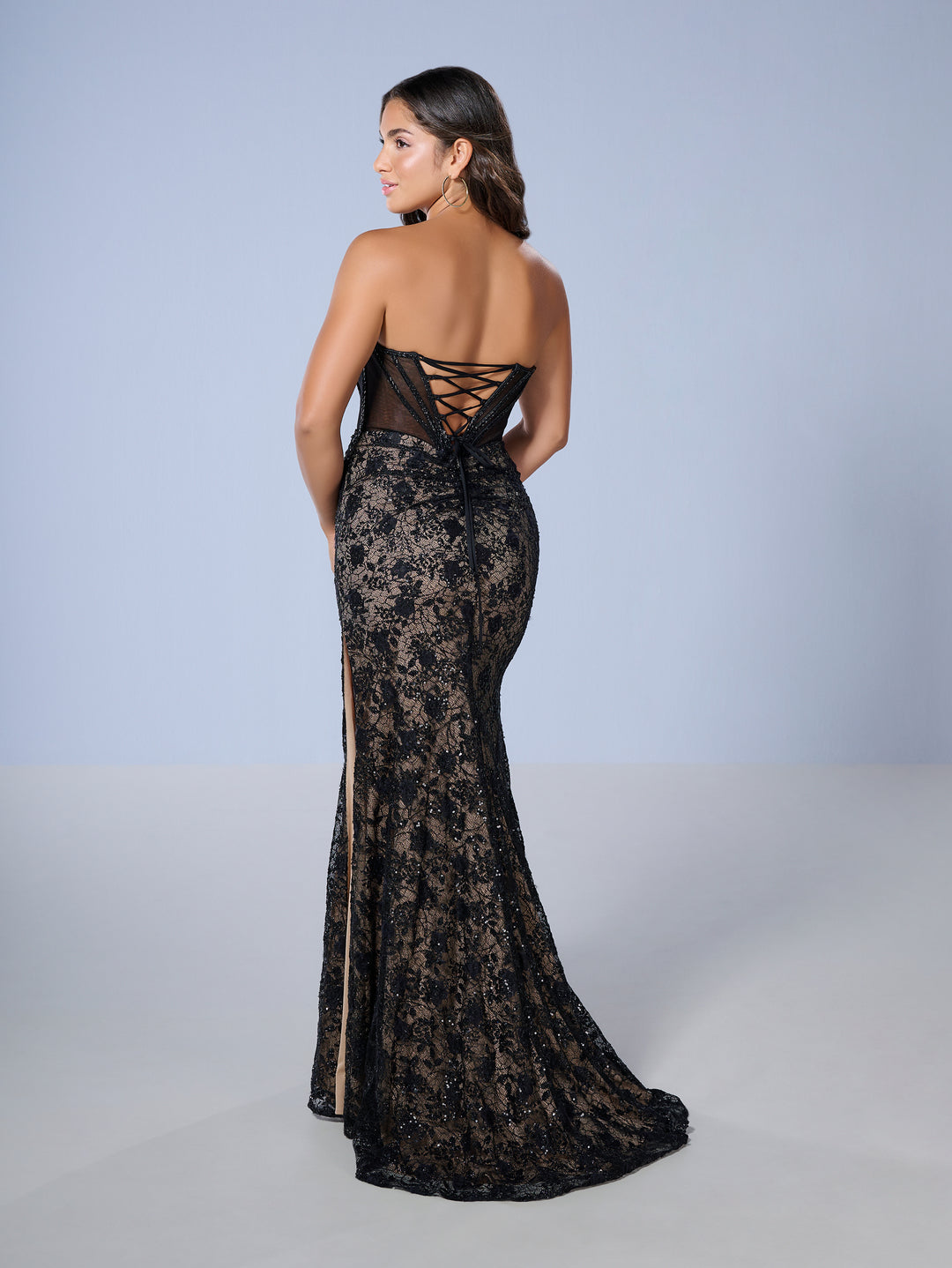 Beaded Lace Strapless Slit Gown by Tiffany Designs 16236