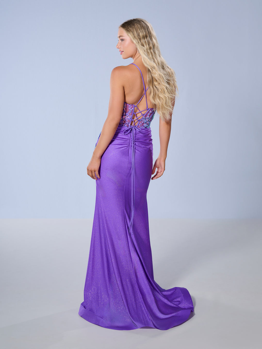 Applique Fitted V-Neck Slit Gown by Tiffany Designs 16246