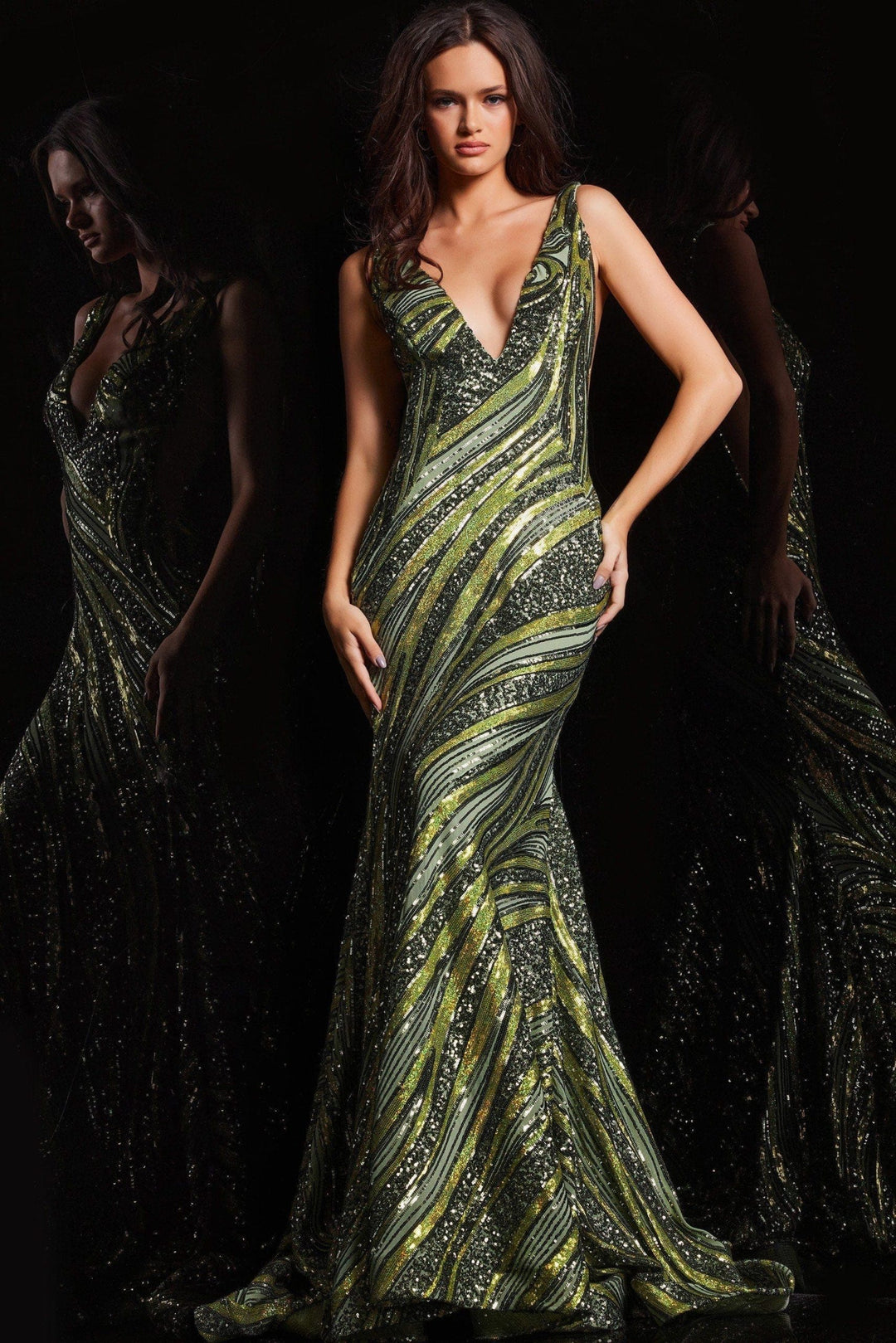 Sequin Print Fitted V-Neck Gown by Jovani 22314