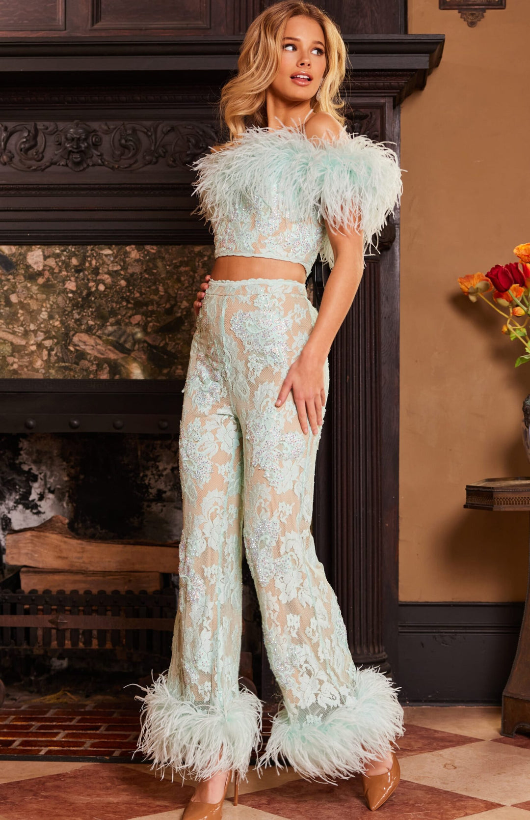 Feather Off Shoulder Two Piece Set by Jovani 22350