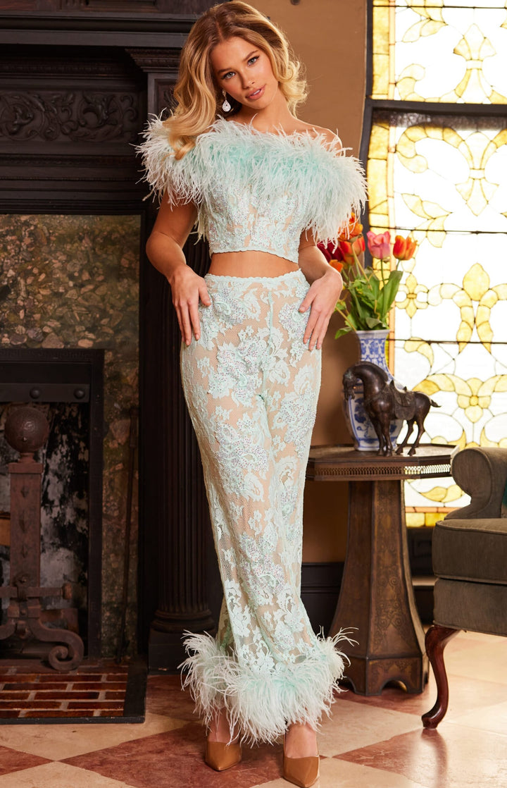 Feather Off Shoulder Two Piece Set by Jovani 22350