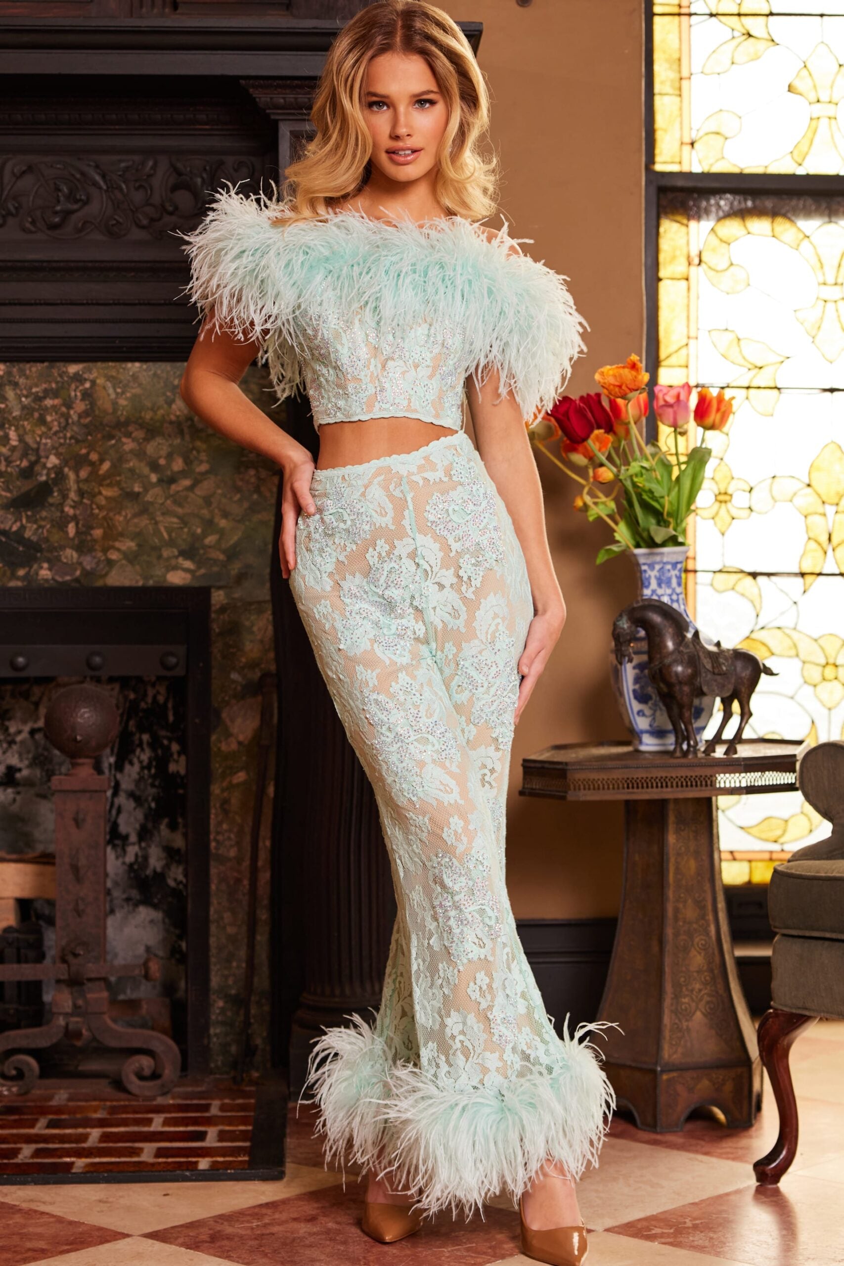 Feather Off Shoulder Two Piece Set by Jovani 22350 ABC Fashion