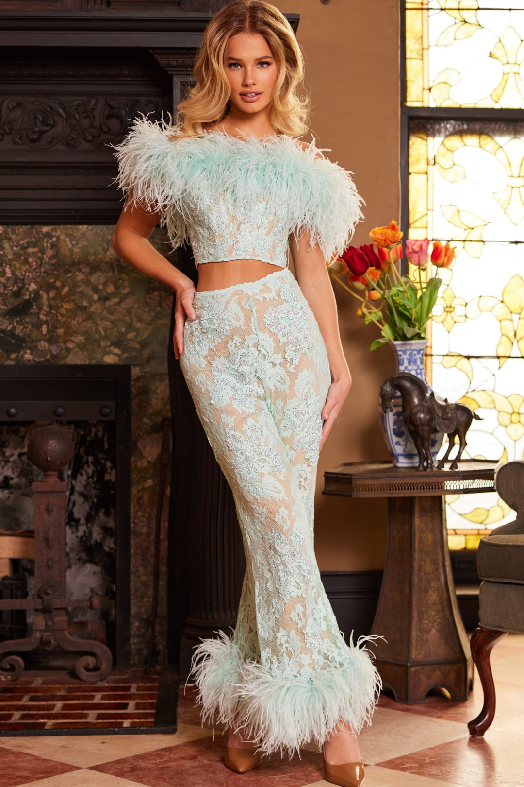 Feather Off Shoulder Two Piece Set by Jovani 22350