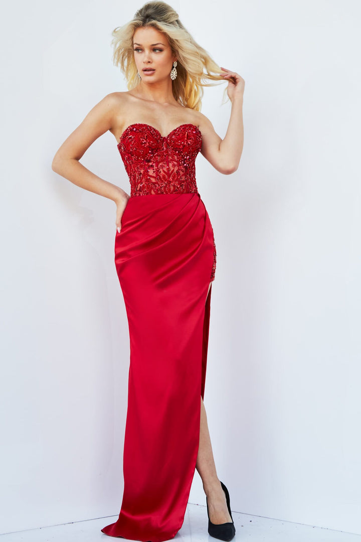 Beaded Fitted Strapless Slit Gown by Jovani 22911