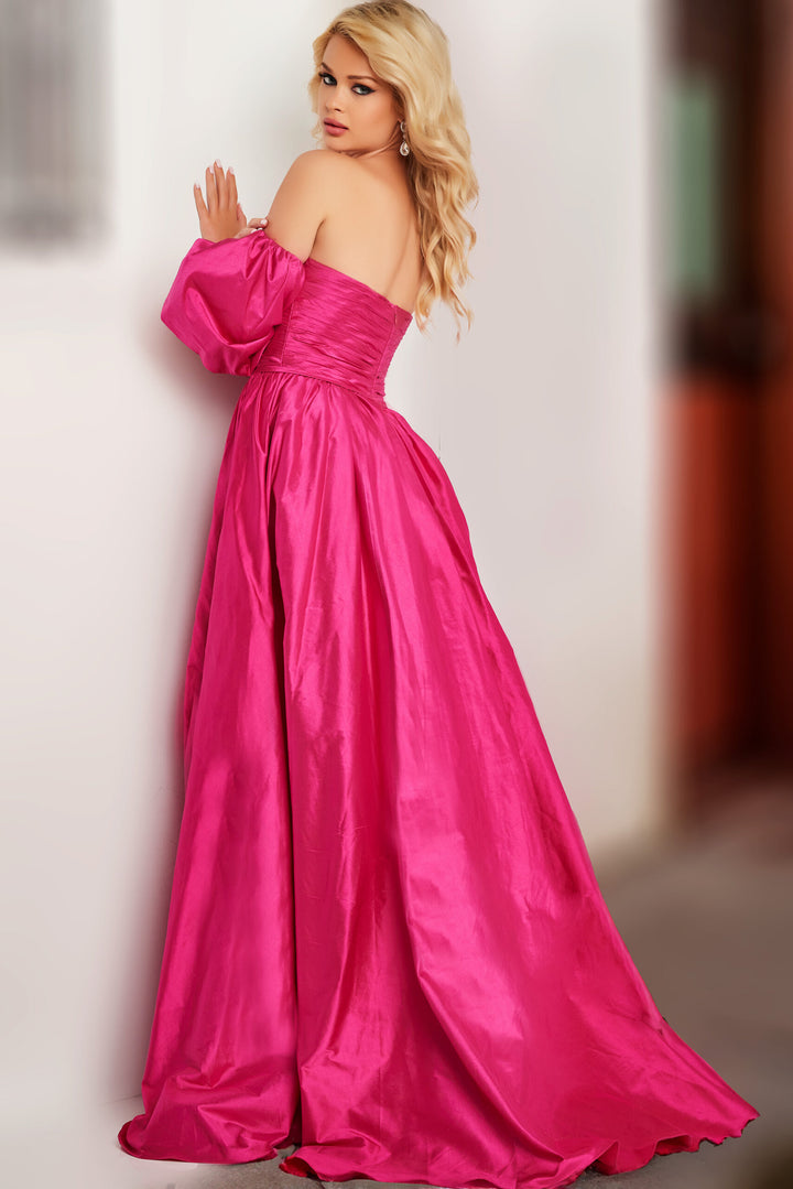 Taffeta Puff Sleeve A-line Slit Gown by Jovani 24099