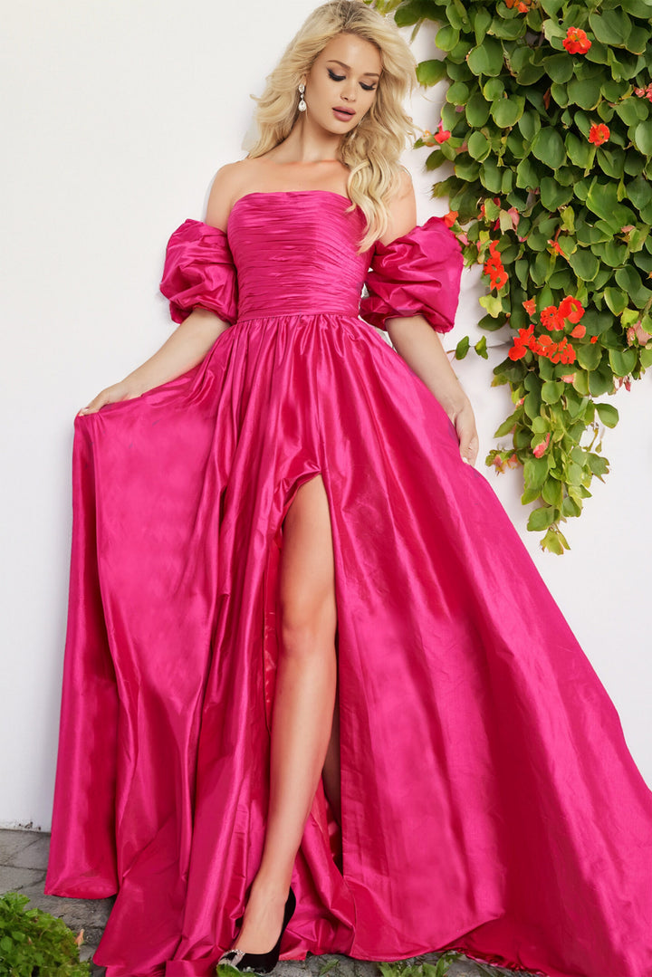 Taffeta Puff Sleeve A-line Slit Gown by Jovani 24099