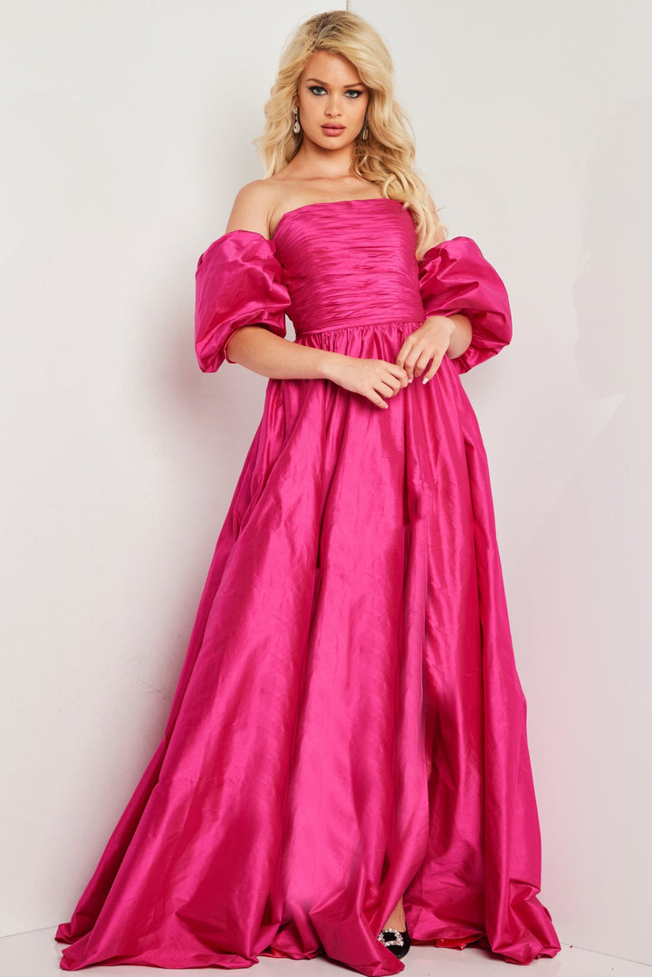 Taffeta Puff Sleeve A-line Slit Gown by Jovani 24099