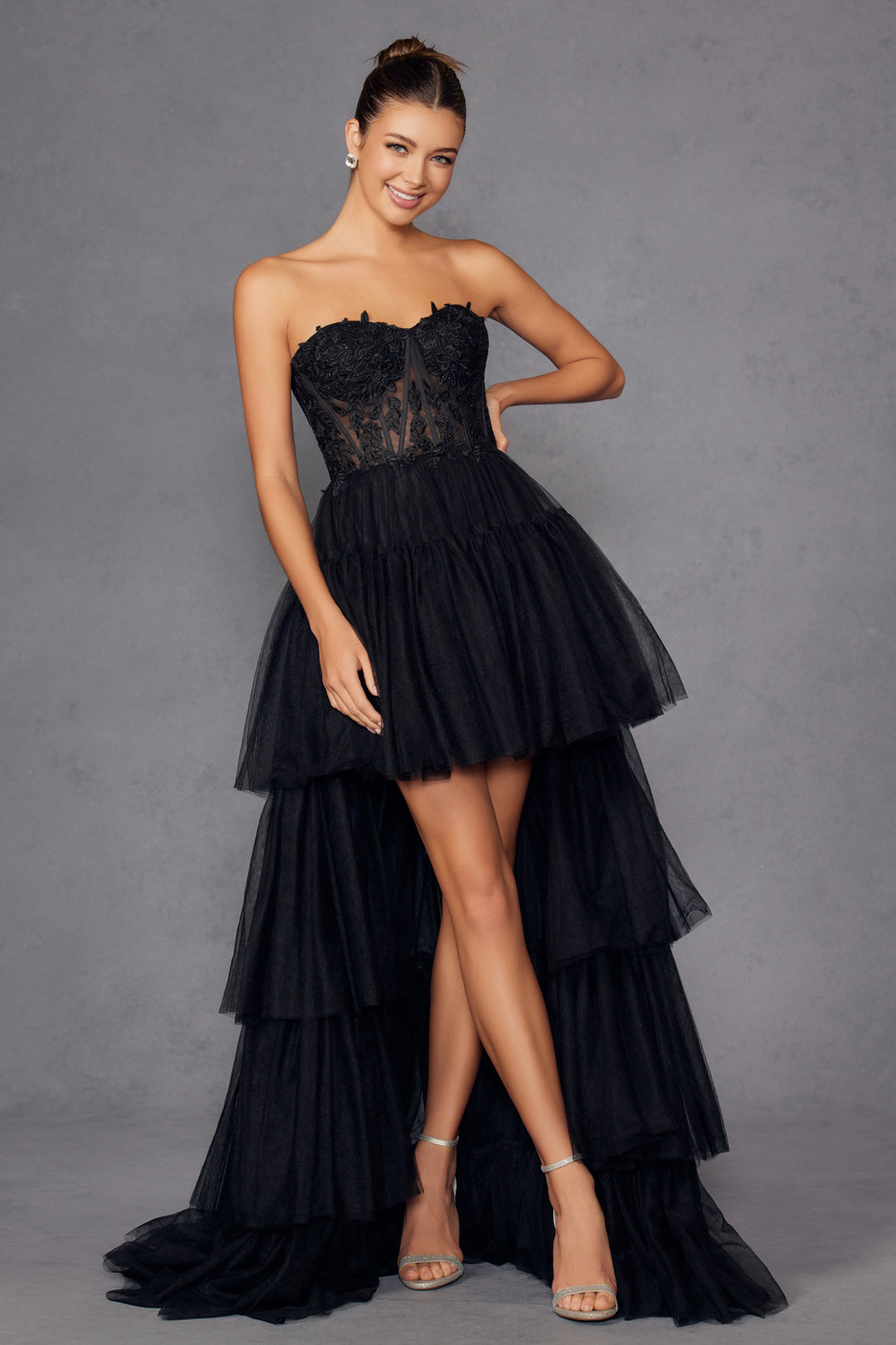 Applique Strapless High Low Gown by Juliet JT2488S